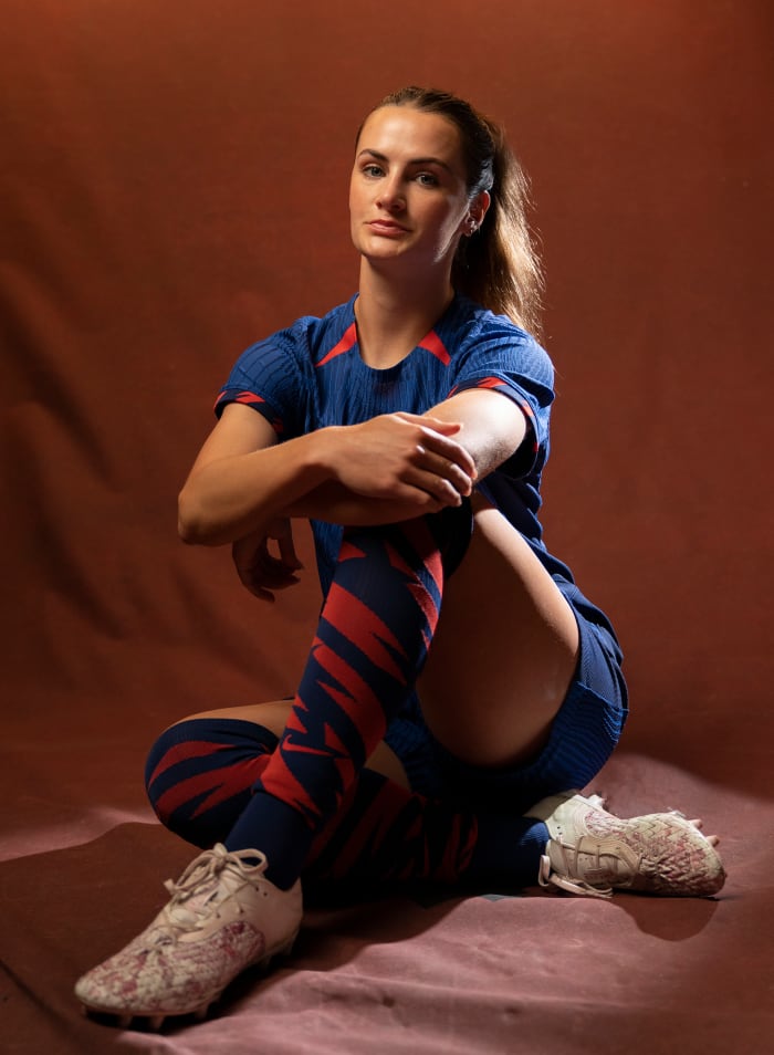 Closeup portrait of US women's national team defender Emily Fox posing during a photo shoot at the Fairmont Hotel.
